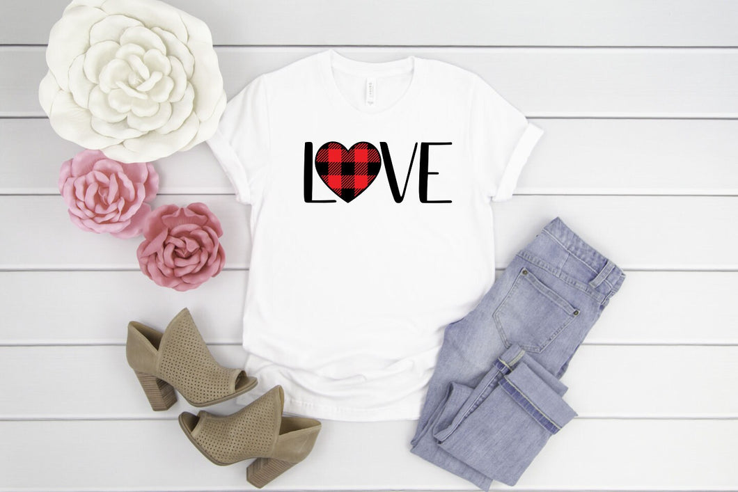 Love Buffalo Plaid Heart Tee, Valentines Shirt, Womens Graphic Tees, Valentines Day Tshirt