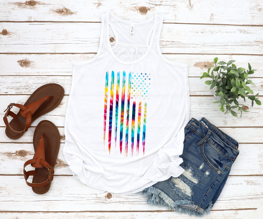 Tie Dye Flag Tank, Womens Graphic Tee, Trendy Top, 4th Of July, Independence Day