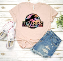 Load image into Gallery viewer, Teaching is a Walk In the Park, Jurassic Park Teacher Shirt, Womens Graphic Tshirt, Rainbow Teacher Tee
