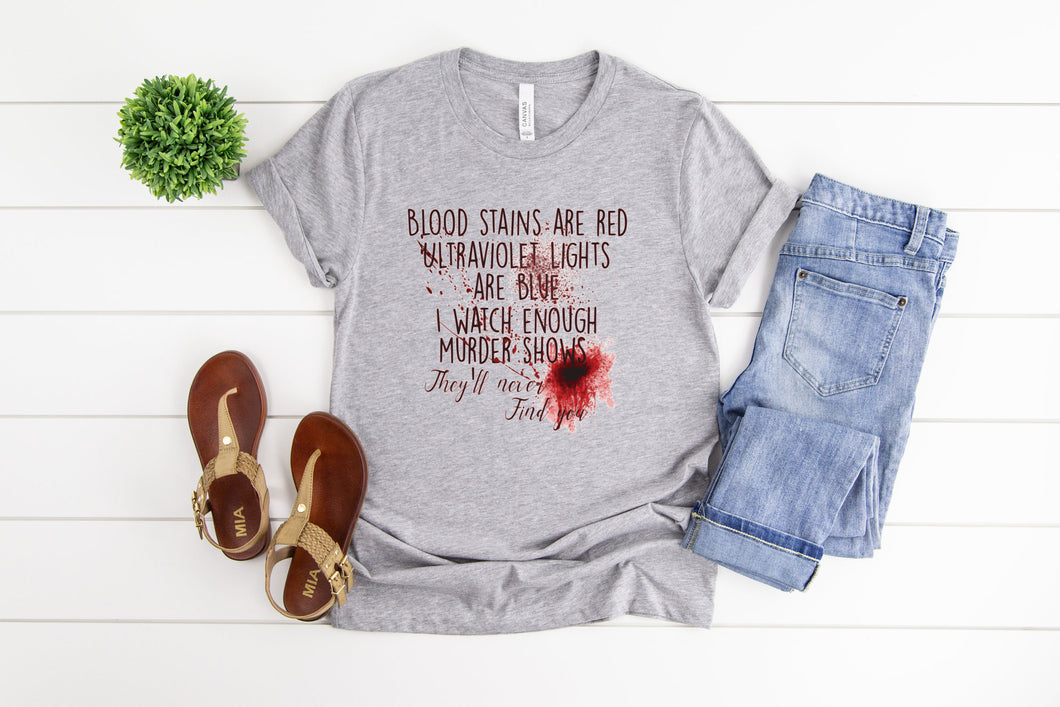 Crime Show Addict, Blood Stains are Red, Funny Womens Graphic Tee, Binge Worthy, Murder Shows
