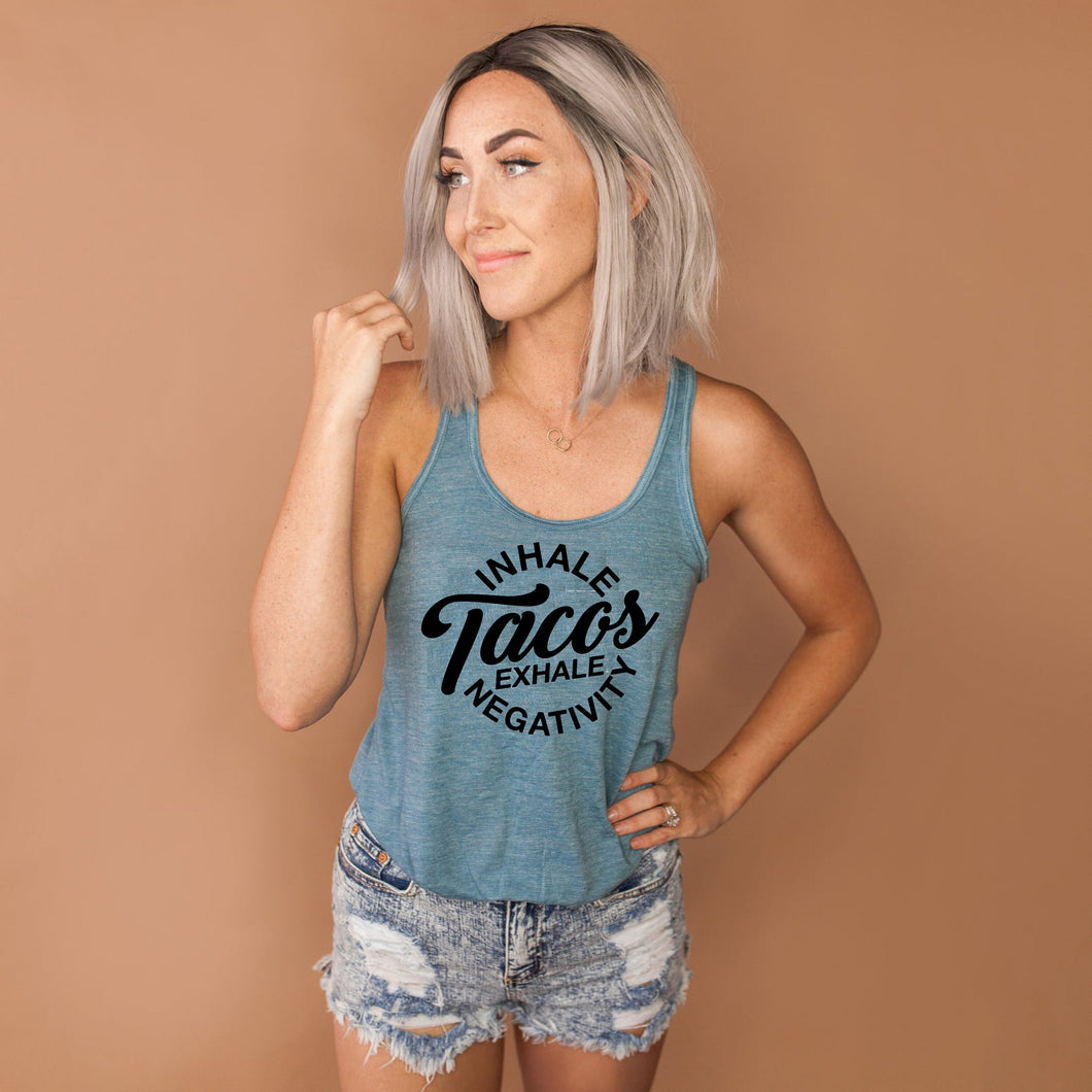 Inhale Tacos Exhale Negativity Tank Top, Cinco De Mayo Tank, Vacation, Womens Racerback Tank Top